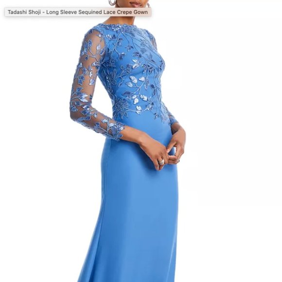 TADASHI SHOJI LONG SLEEVE SEQUINED LACE CREPE CADET BLUE GOWN sz 8 - Picture 5 of 8